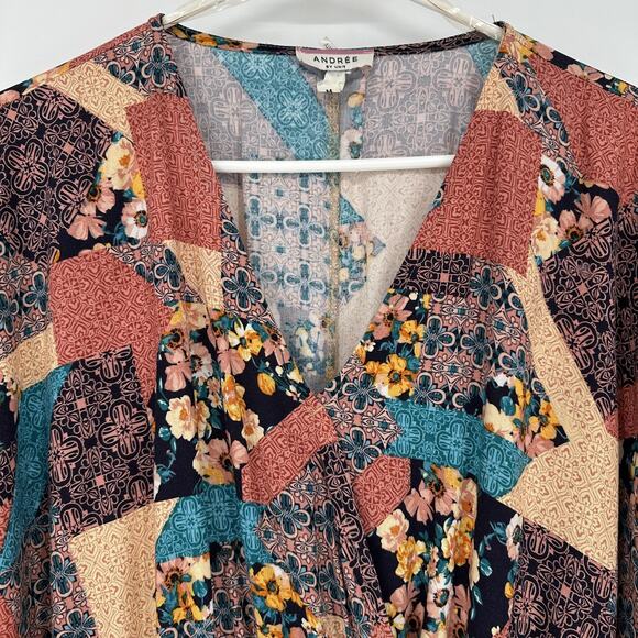 Andree By Unit Blouse Womens Medium Multicolor Patchwork Boho Peasant Top Floral - Picture 2 of 10
